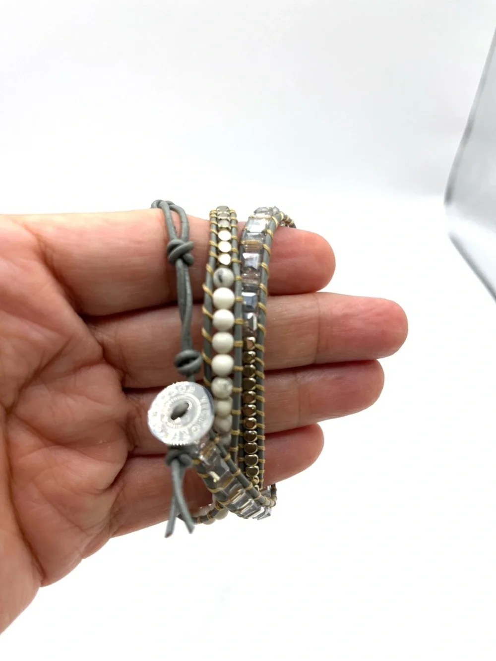Victoria Emerson White and Gold Multi-Strand Wrap Bracelet Gray Leather